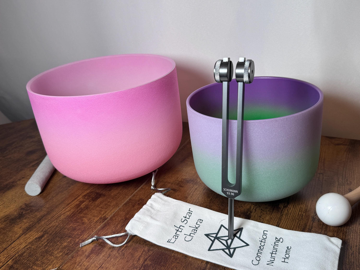 10" High Vibrational Heart Chakra and 8" Crown Chakra Crystal Singing Bowls 432Hz, 93.96 Schumann Tuning Fork, Carry Bag, Biofield Vibration