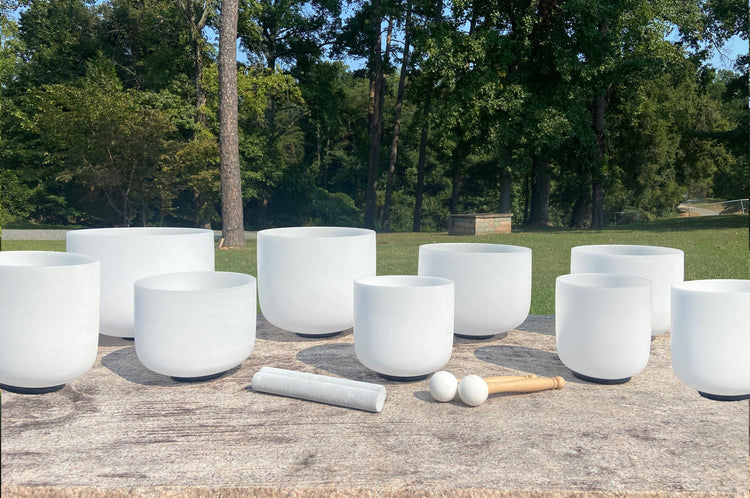 Myriad Melodies' 9-piece Perfect Pitch (5 Cents) 432 Hz Heaven and Earth Crystal Singing Bowl Set With 3 Cases - 2 Suede Strikers, 2 Mallets