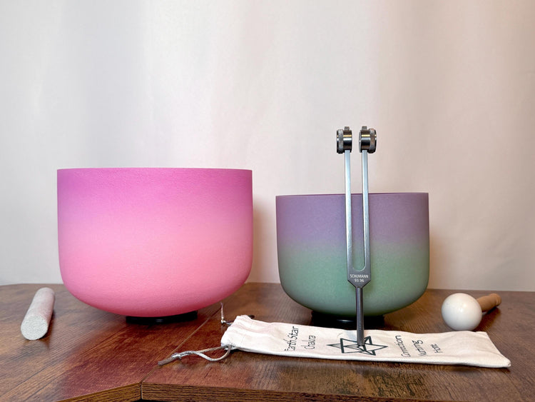10" High Vibrational Heart Chakra and 8" Crown Chakra Crystal Singing Bowls 432Hz, 93.96 Schumann Tuning Fork, Carry Bag, Biofield Vibration
