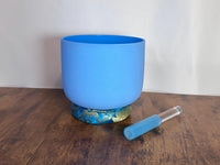 432 Hz 8" Throat Chakra Singing Bowl with Tuning Fork - Perfect Pitch G-Note Sound Bowl with Matching Color Cushion and Light Up Striker