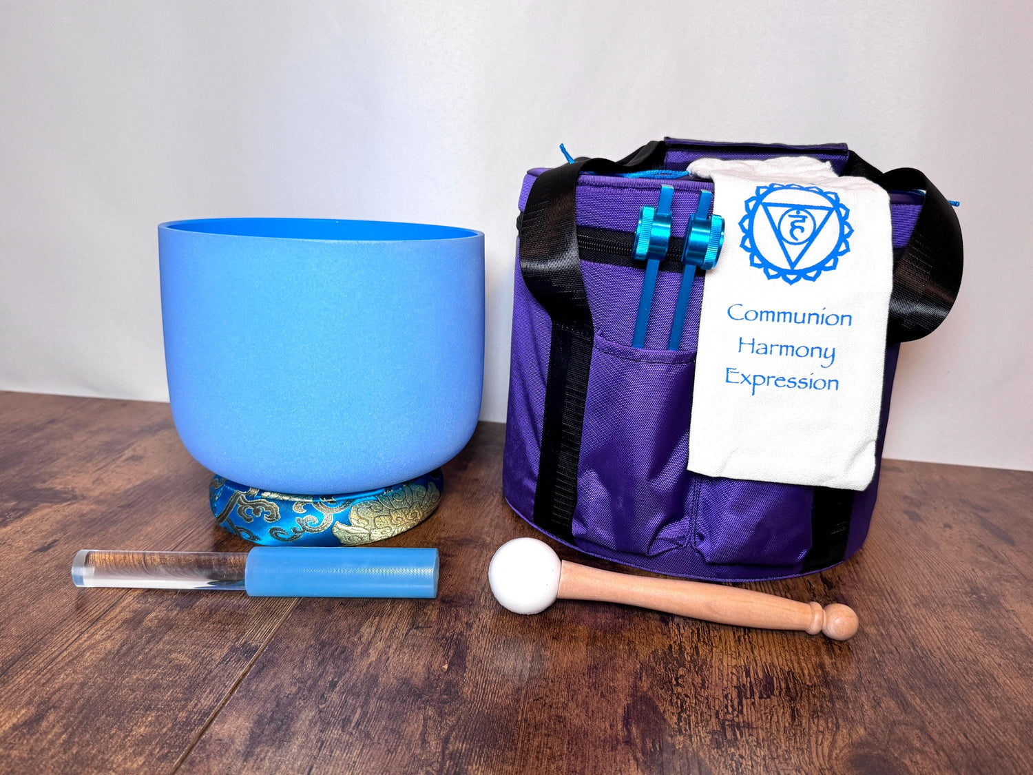 432 Hz 8" Throat Chakra Singing Bowl with Tuning Fork - Perfect Pitch G-Note Sound Bowl with Matching Color Cushion and Light Up Striker