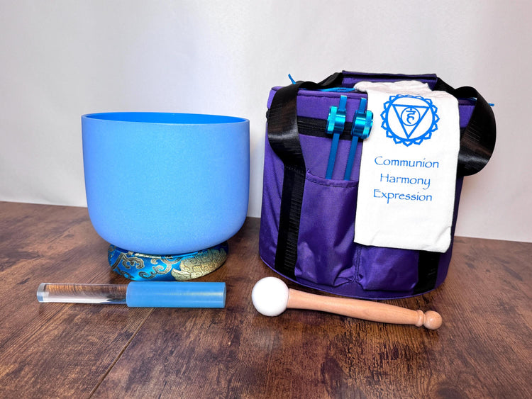 432 Hz 8" Throat Chakra Singing Bowl with Tuning Fork - Perfect Pitch G-Note Sound Bowl with Matching Color Cushion and Light Up Striker