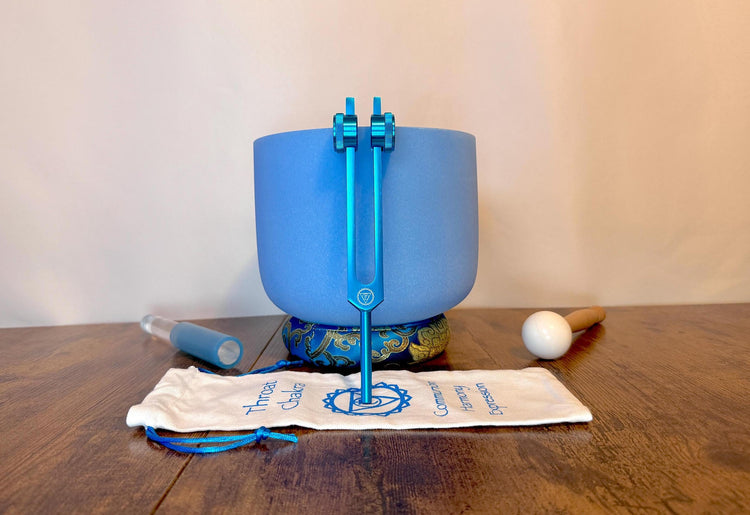 432 Hz 8" Throat Chakra Singing Bowl with Tuning Fork - Perfect Pitch G-Note Sound Bowl with Matching Color Cushion and Light Up Striker