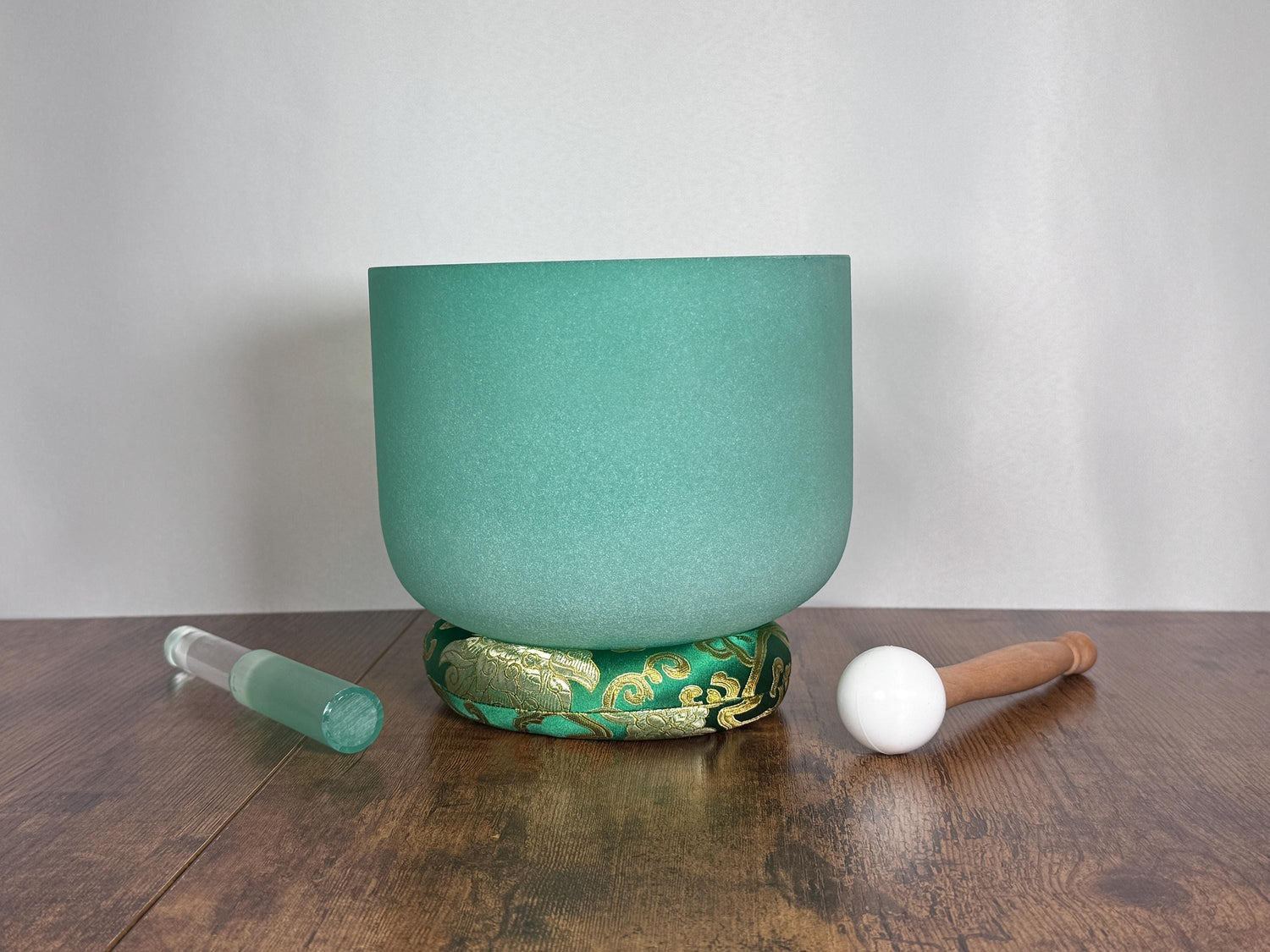 432 Hz 8" Heart Chakra Singing Bowl with Tuning Fork - Perfect Pitch F-Note Sound Bowl with Matching Color Cushion and Light Up Striker