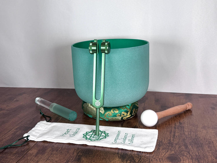 432 Hz 8" Heart Chakra Singing Bowl with Tuning Fork - Perfect Pitch F-Note Sound Bowl with Matching Color Cushion and Light Up Striker