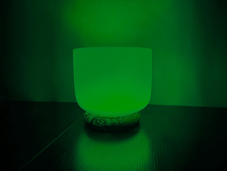 432 Hz 8" Heart Chakra Singing Bowl with Tuning Fork - Perfect Pitch F-Note Sound Bowl with Matching Color Cushion and Light Up Striker