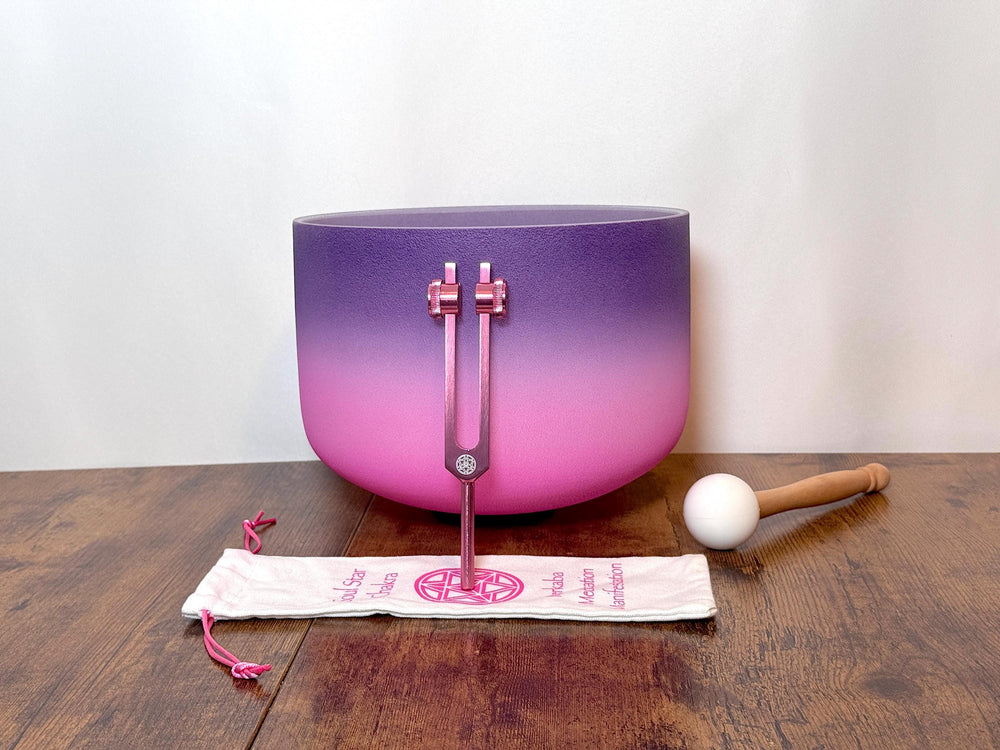 Purple Aura - 10" Crystal Singing Bowl and Soul Purpose Tuning Fork - 432 Hz Perfect Pitch F-Note w/ Bag Bundle, Mallet, Purple Case