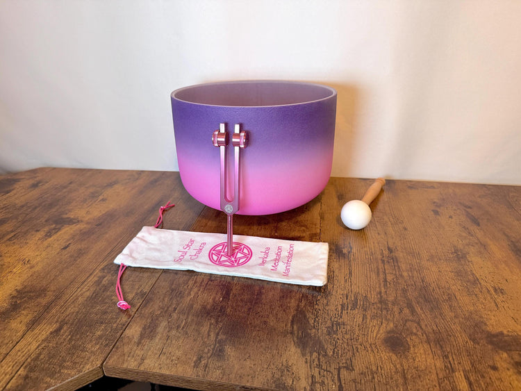 Purple Aura - 10" Crystal Singing Bowl and Soul Purpose Tuning Fork - 432 Hz Perfect Pitch F-Note w/ Bag Bundle, Mallet, Purple Case