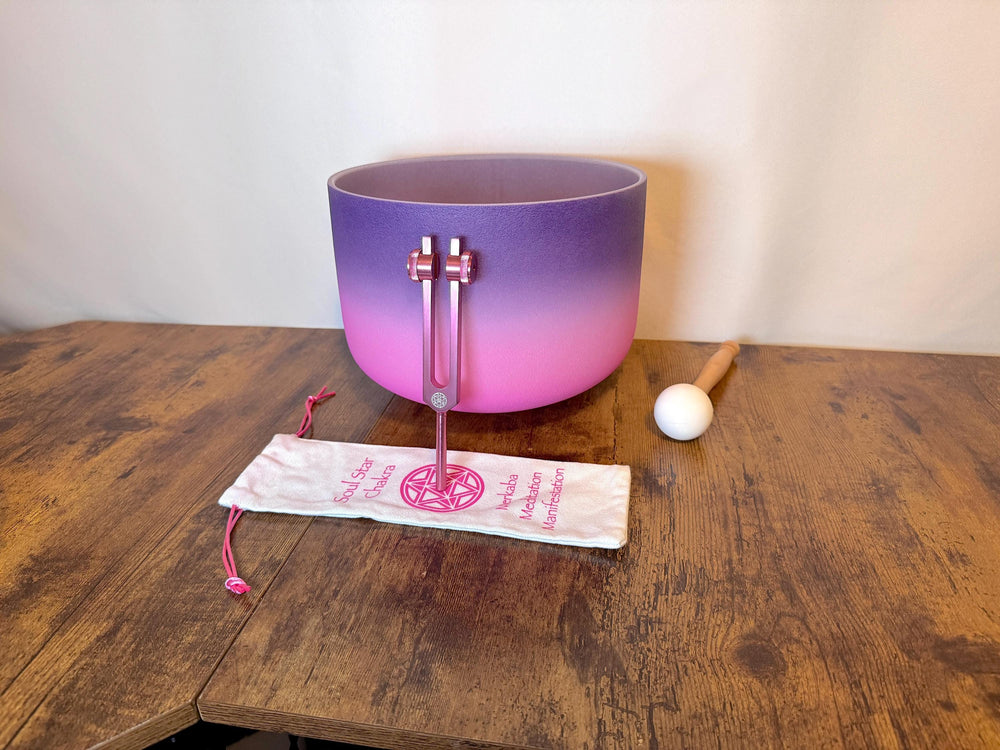 Purple Aura - 10" Crystal Singing Bowl and Soul Purpose Tuning Fork - 432 Hz Perfect Pitch F-Note w/ Bag Bundle, Mallet, Purple Case