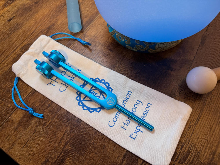 432 Hz 8" Throat Chakra Singing Bowl with Tuning Fork - Perfect Pitch G-Note Sound Bowl with Matching Color Cushion and Light Up Striker