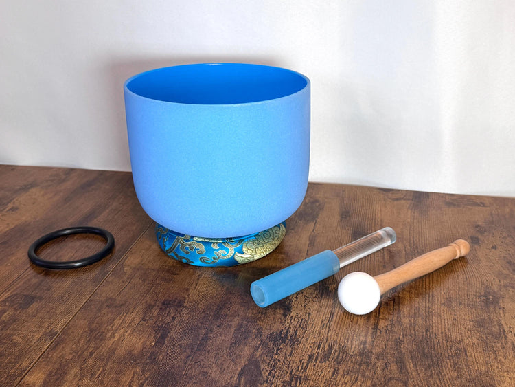 432 Hz 8" Throat Chakra Singing Bowl with Tuning Fork - Perfect Pitch G-Note Sound Bowl with Matching Color Cushion and Light Up Striker