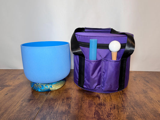 432 Hz 8" Throat Chakra Singing Bowl with Tuning Fork - Perfect Pitch G-Note Sound Bowl with Matching Color Cushion and Light Up Striker