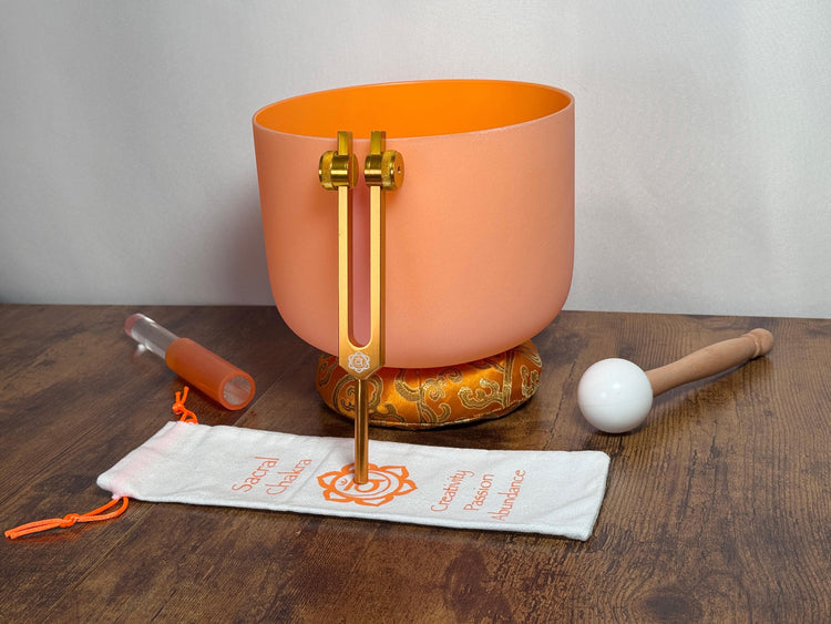 432 Hz 8" Sacral Chakra Singing Bowl with Tuning Fork - Perfect Pitch D-Note Sound Bowl with Matching Color Cushion and Light Up Striker