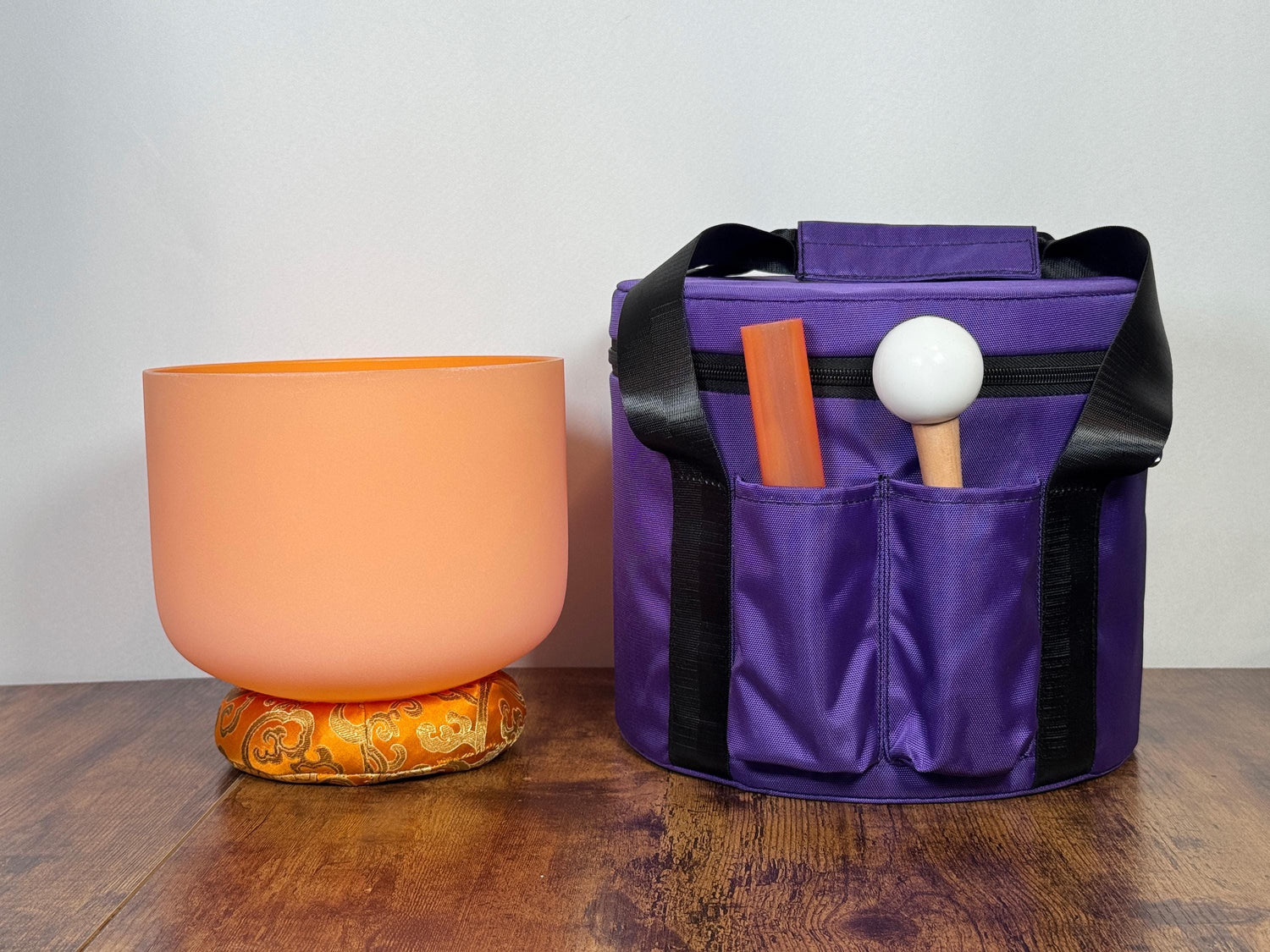 432 Hz 8" Sacral Chakra Singing Bowl with Tuning Fork - Perfect Pitch D-Note Sound Bowl with Matching Color Cushion and Light Up Striker