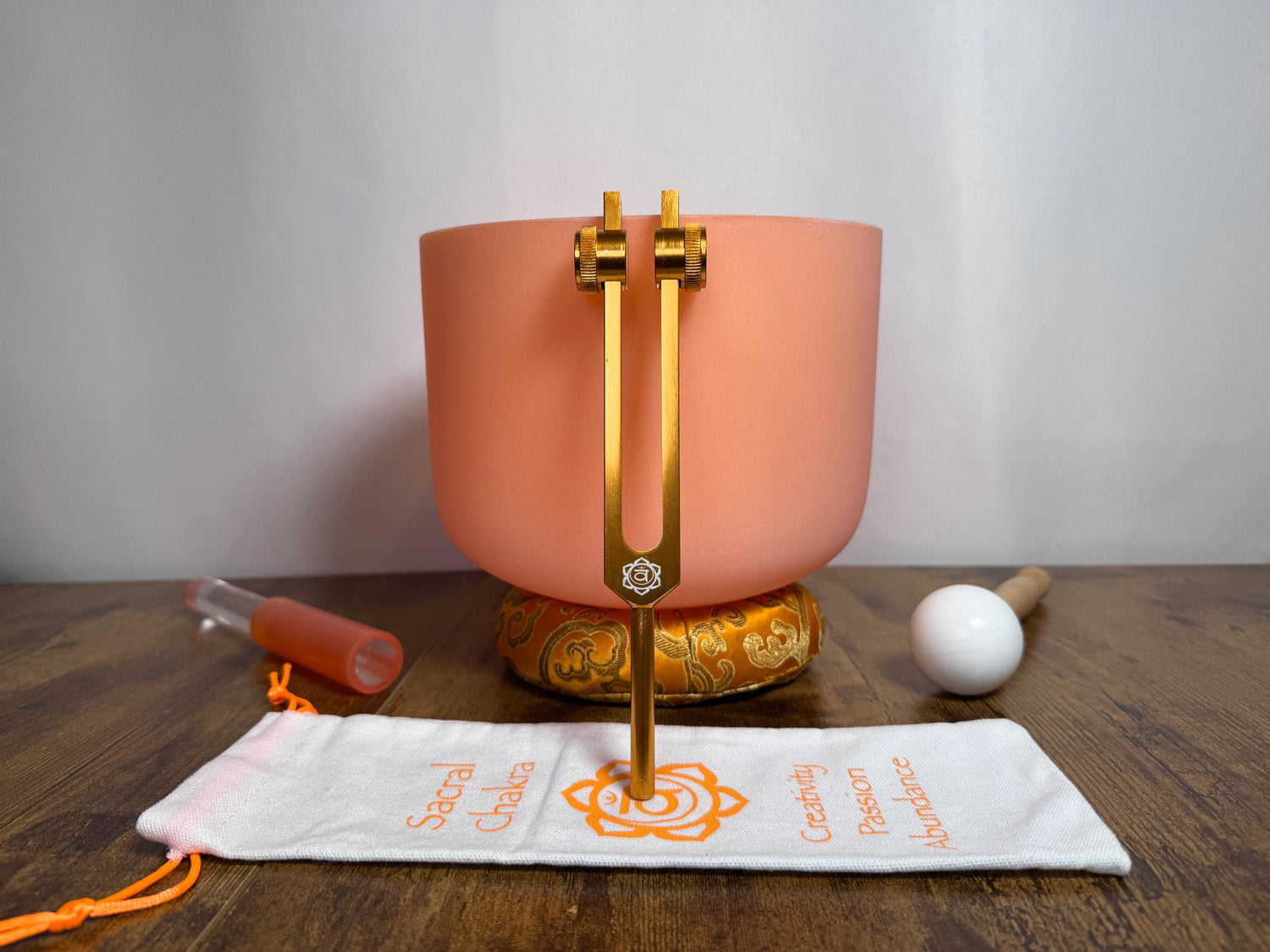 432 Hz 8" Sacral Chakra Singing Bowl with Tuning Fork - Perfect Pitch D-Note Sound Bowl with Matching Color Cushion and Light Up Striker