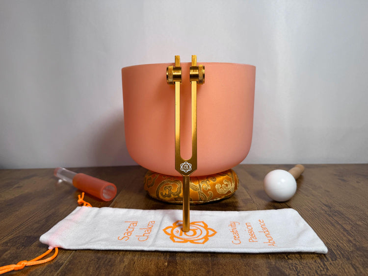 432 Hz 8" Sacral Chakra Singing Bowl with Tuning Fork - Perfect Pitch D-Note Sound Bowl with Matching Color Cushion and Light Up Striker