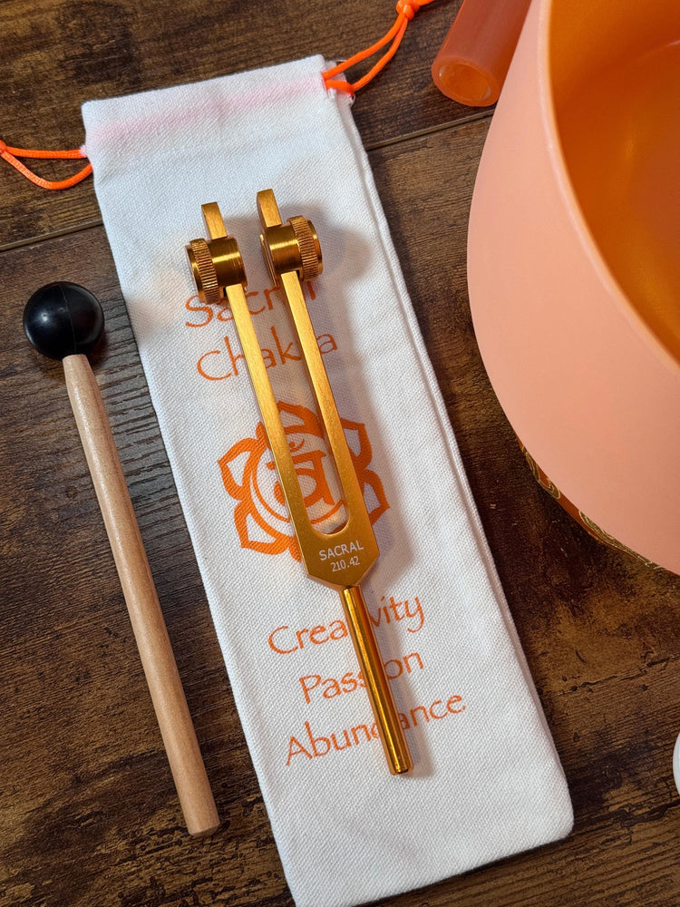 432 Hz 8" Sacral Chakra Singing Bowl with Tuning Fork - Perfect Pitch D-Note Sound Bowl with Matching Color Cushion and Light Up Striker