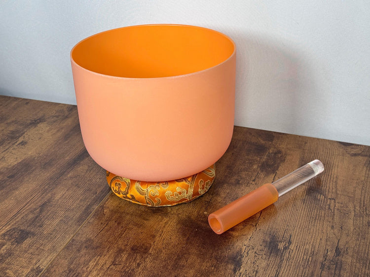 432 Hz 8" Sacral Chakra Singing Bowl with Tuning Fork - Perfect Pitch D-Note Sound Bowl with Matching Color Cushion and Light Up Striker