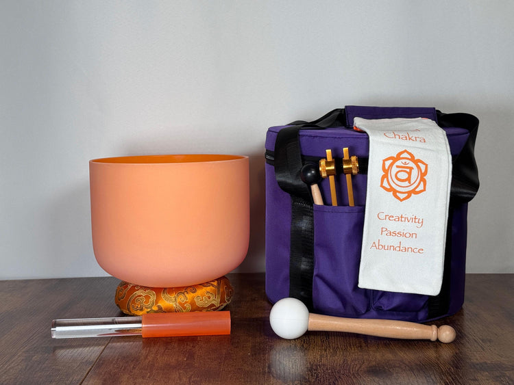 432 Hz 8" Sacral Chakra Singing Bowl with Tuning Fork - Perfect Pitch D-Note Sound Bowl with Matching Color Cushion and Light Up Striker