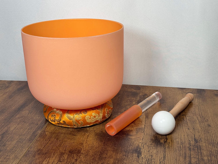 432 Hz 8" Sacral Chakra Singing Bowl with Tuning Fork - Perfect Pitch D-Note Sound Bowl with Matching Color Cushion and Light Up Striker
