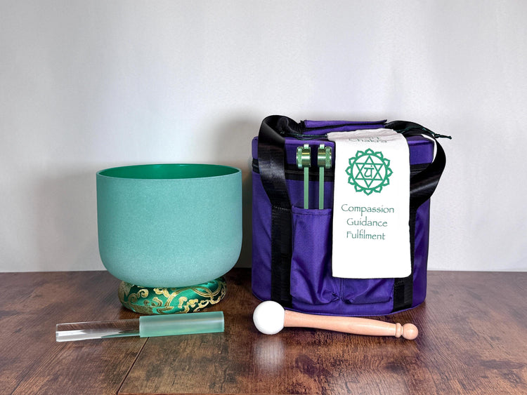 432 Hz 8" Heart Chakra Singing Bowl with Tuning Fork - Perfect Pitch F-Note Sound Bowl with Matching Color Cushion and Light Up Striker