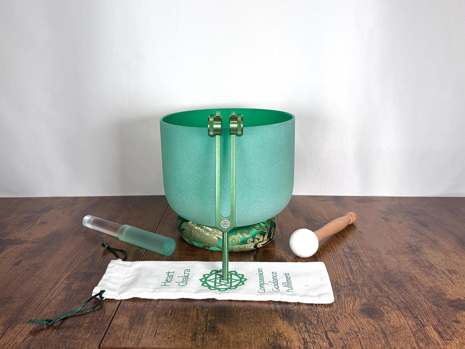 432 Hz 8" Heart Chakra Singing Bowl with Tuning Fork - Perfect Pitch F-Note Sound Bowl with Matching Color Cushion and Light Up Striker