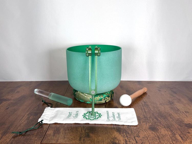432 Hz 8" Heart Chakra Singing Bowl with Tuning Fork - Perfect Pitch F-Note Sound Bowl with Matching Color Cushion and Light Up Striker