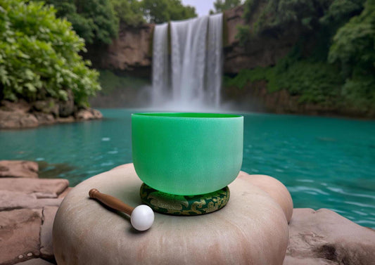 432 Hz 8" Heart Chakra Singing Bowl with Tuning Fork - Perfect Pitch F-Note Sound Bowl with Matching Color Cushion and Light Up Striker