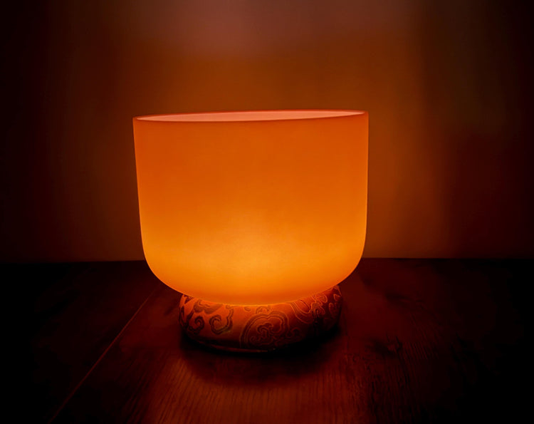 432 Hz 8" Sacral Chakra Singing Bowl with Tuning Fork - Perfect Pitch D-Note Sound Bowl with Matching Color Cushion and Light Up Striker