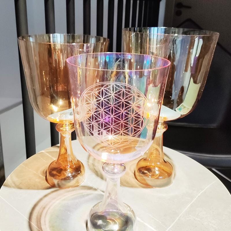Perfect Pitch Pink Hue Flower of Life Crystal Singing Handle Bowl w/ Tuning Fork 432 Hz - Cup - Heart Chakra F Note, Striker, and Carry Case