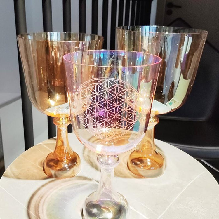 Perfect Pitch Pink Hue Flower of Life Crystal Singing Handle Bowl w/ Tuning Fork 432 Hz - Cup - Heart Chakra F Note, Striker, and Carry Case