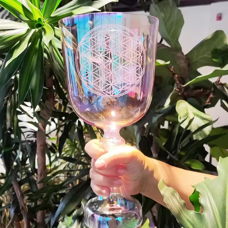 Perfect Pitch Pink Hue Flower of Life Crystal Singing Handle Bowl w/ Tuning Fork 432 Hz - Cup - Heart Chakra F Note, Striker, and Carry Case