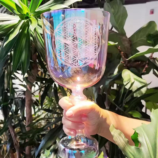 Perfect Pitch Pink Hue Flower of Life Crystal Singing Handle Bowl w/ Tuning Fork 432 Hz - Cup - Heart Chakra F Note, Striker, and Carry Case