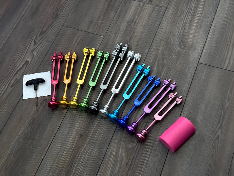 Myriad Melodies' Professionally Tuned .25 9pc Chakra Tuning Forks with 10pc Premium Weighted Boot Set - Biofield, Sound Vibration