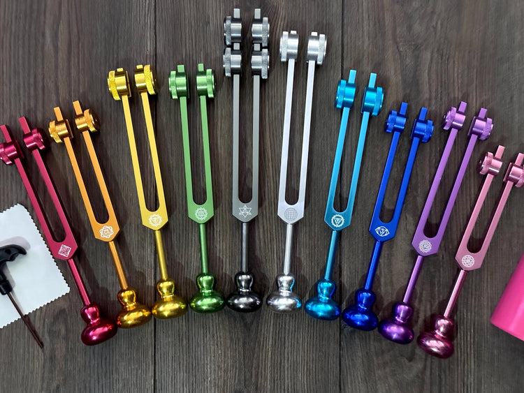 Myriad Melodies' Professionally Tuned .25 9pc Chakra Tuning Forks with 10pc Premium Weighted Boot Set - Biofield, Sound Vibration