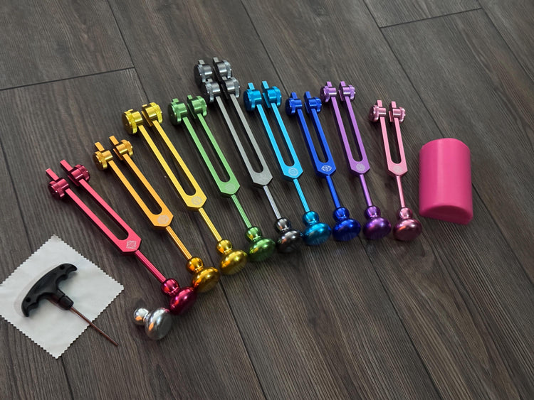 Myriad Melodies' Professionally Tuned .25 9pc Chakra Tuning Forks with 10pc Premium Weighted Boot Set - Biofield, Sound Vibration