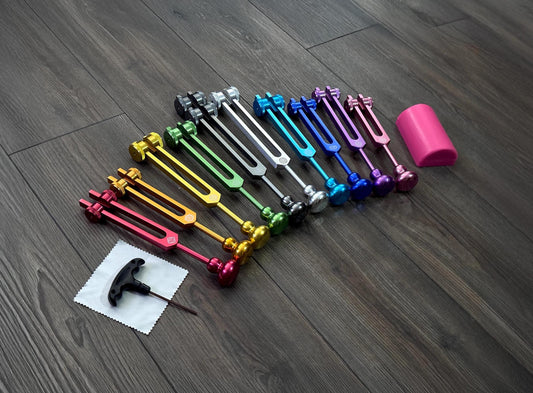 Myriad Melodies' Professionally Tuned .25 9pc Chakra Tuning Forks with 10pc Premium Weighted Boot Set - Biofield, Sound Vibration