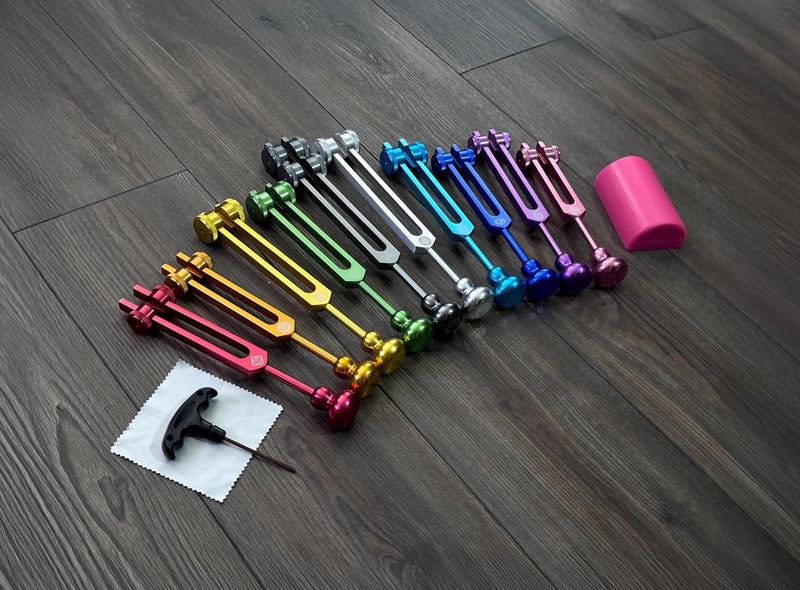 Myriad Melodies' Professionally Tuned .25 9pc Chakra Tuning Forks with 10pc Premium Weighted Boot Set - Biofield, Sound Vibration