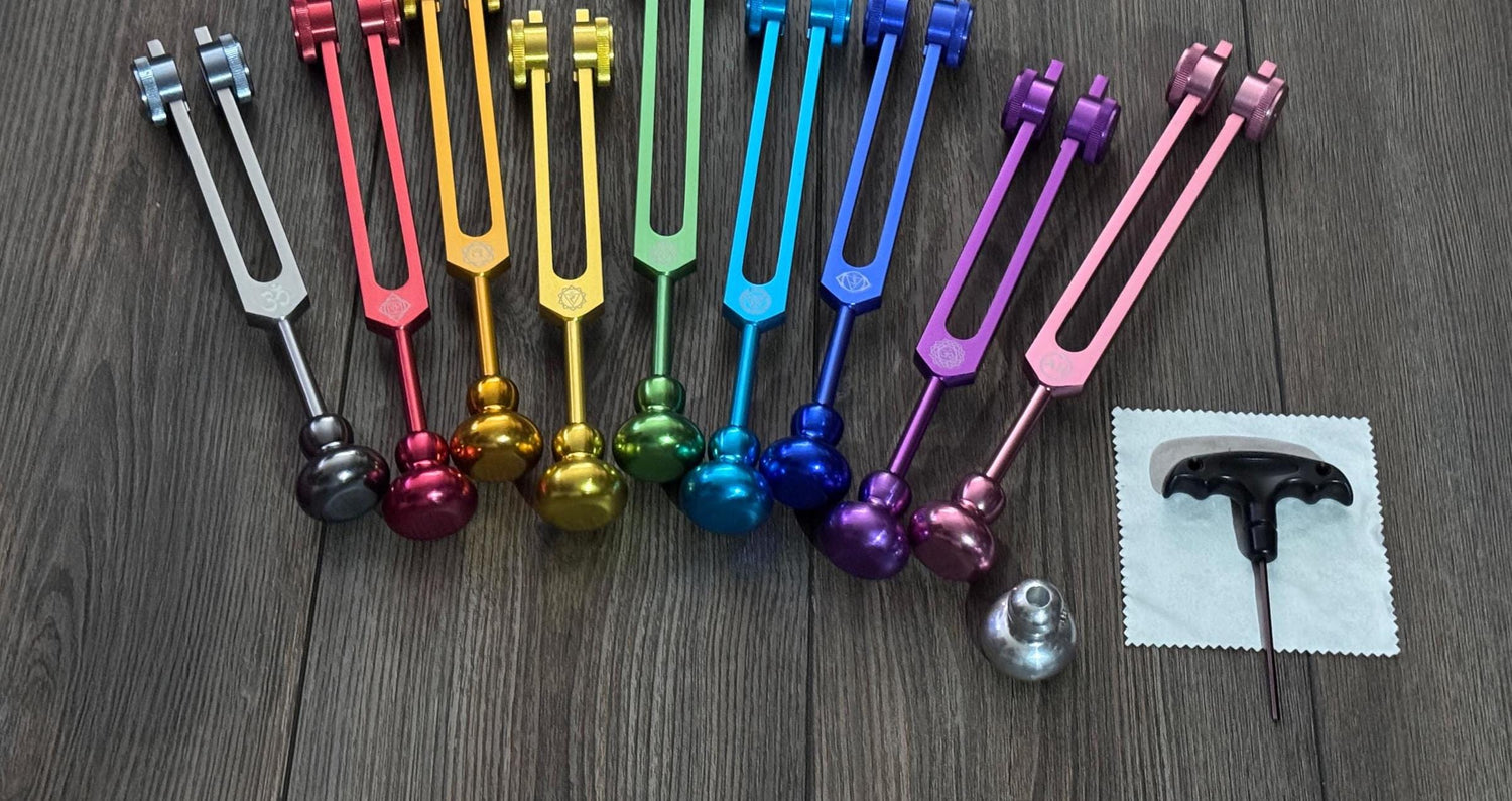 Myriad Melodies' Professionally Tuned .25 Secret Solfeggio - Classic 9pc Set - Chakra Printed Engrams, Attenuator Extenders, Weighted Boots