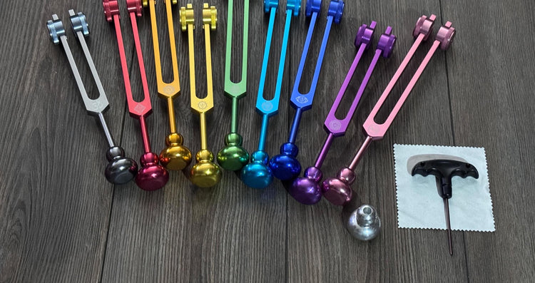 Myriad Melodies' Professionally Tuned .25 Secret Solfeggio - Classic 9pc Set - Chakra Printed Engrams, Attenuator Extenders, Weighted Boots