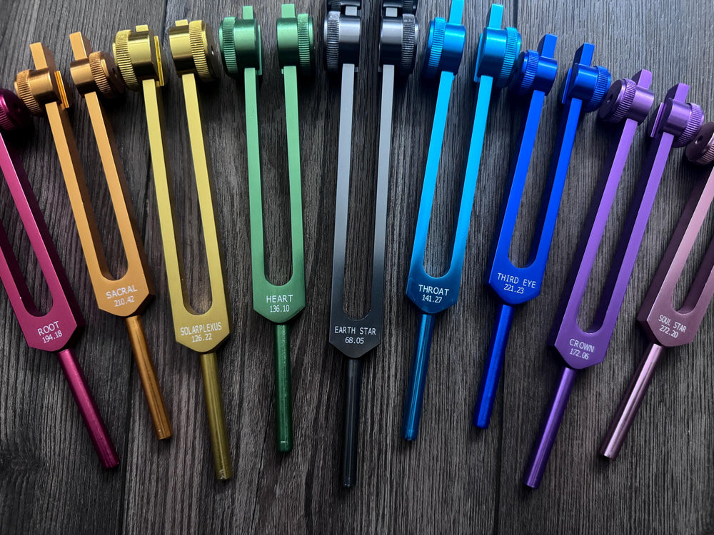Myriad Melodies' Professionally Tuned .25 9pc Chakra Tuning Forks with 10pc Premium Weighted Boot Set - Biofield, Sound Vibration