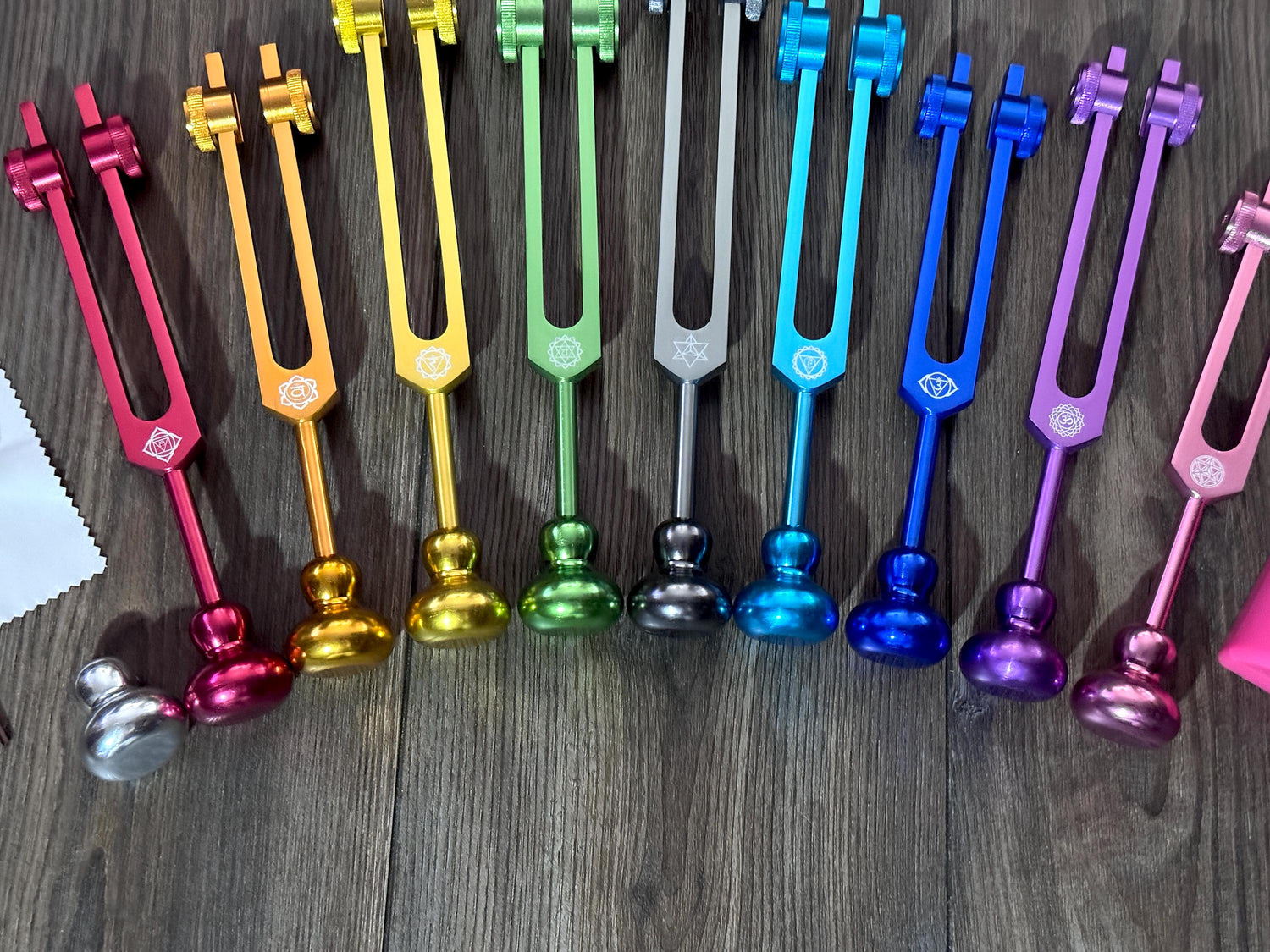 Myriad Melodies' Professionally Tuned .25 9pc Chakra Tuning Forks with 10pc Premium Weighted Boot Set - Biofield, Sound Vibration