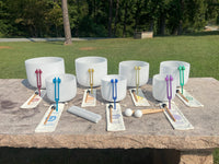Myriad Melodies' Perfect Pitch (5 Cents) 432 Hz 6-12 Frosted White Set - 10 Chakra Tuning Forks 10 Crystal Attenuators - Protective Cases