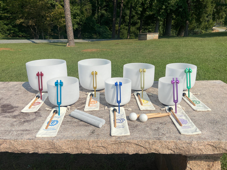 Myriad Melodies' Perfect Pitch (5 Cents) 432 Hz 6-12 Frosted White Set - 10 Chakra Tuning Forks 10 Crystal Attenuators - Protective Cases