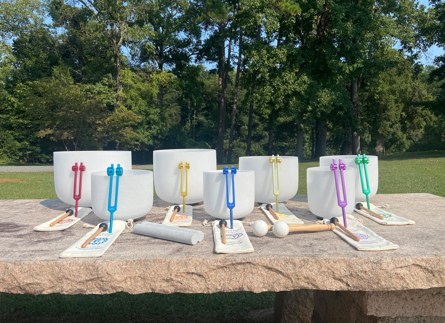 Myriad Melodies' Perfect Pitch (5 Cents) 432 Hz 6-12 Frosted White Set - 10 Chakra Tuning Forks 10 Crystal Attenuators - Protective Cases