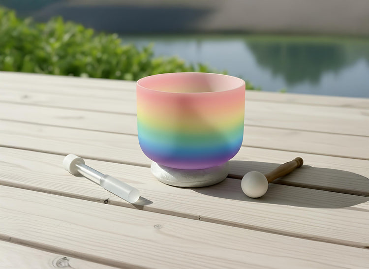 432 Hz Rainbow Light - 8” F Note Heart Chakra Bowl with 174 Hz Solfeggio Tuning Fork - 99% Quartz Crystal, Mallet, With Padded Case