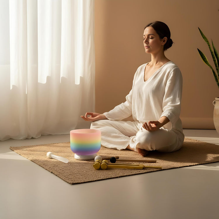 432 Hz Rainbow Light - 8” F Note Heart Chakra Bowl with 174 Hz Solfeggio Tuning Fork - 99% Quartz Crystal, Mallet, With Padded Case