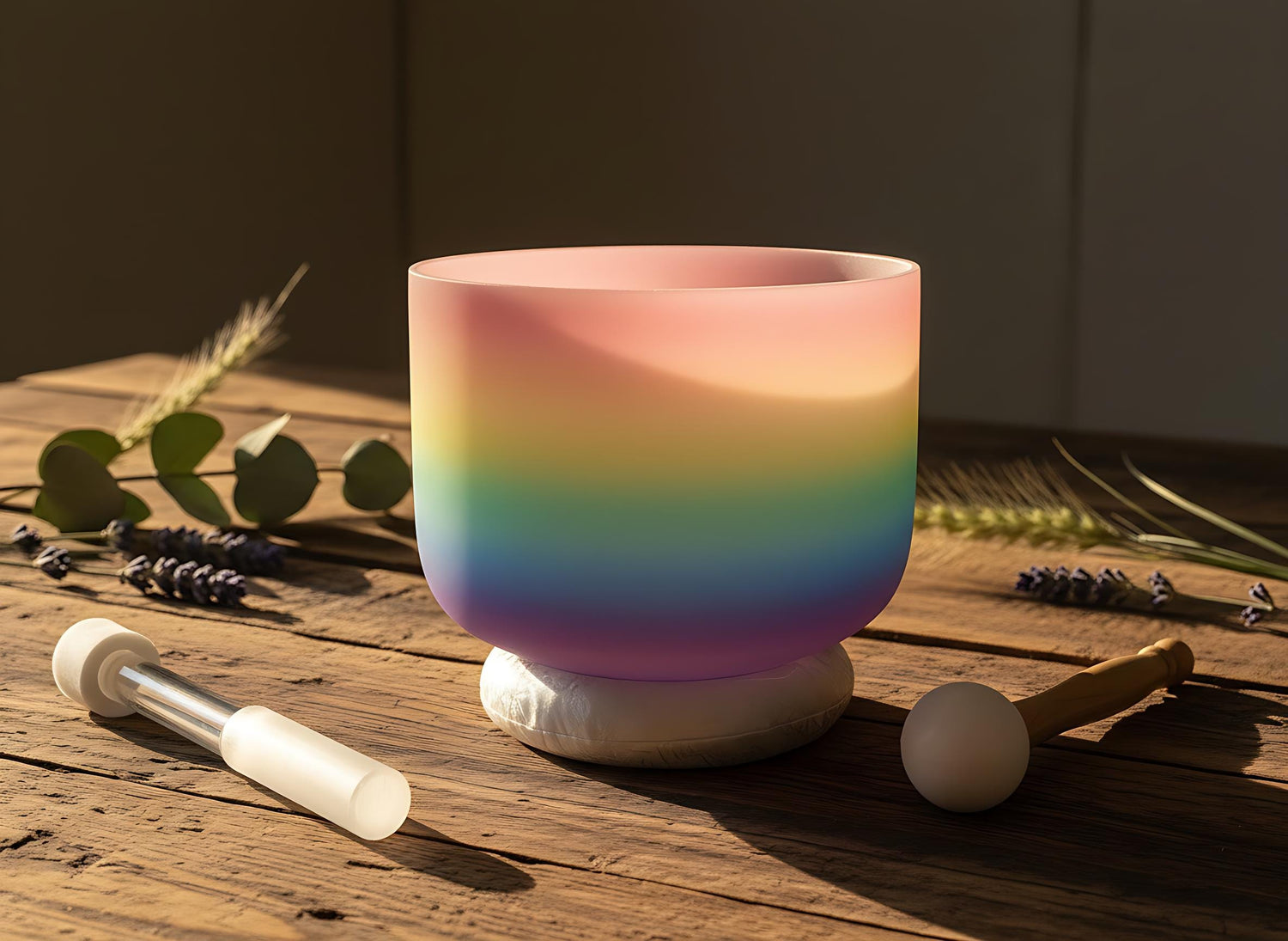 432 Hz Rainbow Light - 8” F Note Heart Chakra Bowl with 174 Hz Solfeggio Tuning Fork - 99% Quartz Crystal, Mallet, With Padded Case
