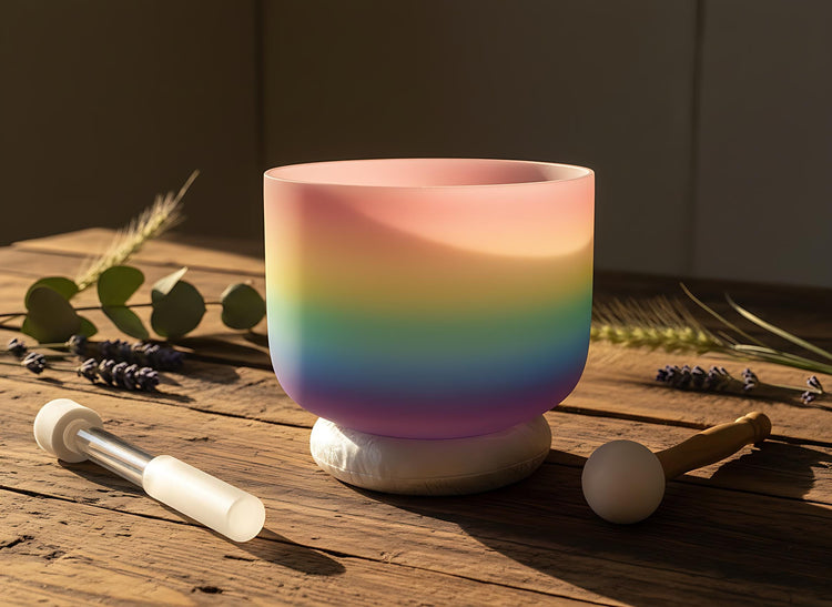 432 Hz Rainbow Light - 8” F Note Heart Chakra Bowl with 174 Hz Solfeggio Tuning Fork - 99% Quartz Crystal, Mallet, With Padded Case