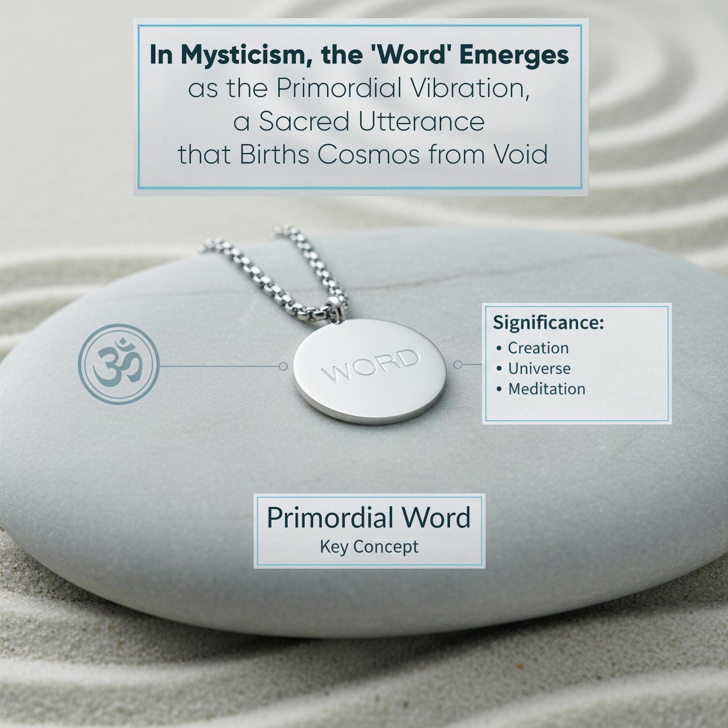 a necklace with a pendant, resting on a gray rock. The pendant is inscribed with the word "Word". The image also includes text that discusses the concept of the "Primordial Vibration" and the "Sacred Utterance" that gives birth to the cosmos from void, as well as the significance of the "Primordial Word" and its key concept.